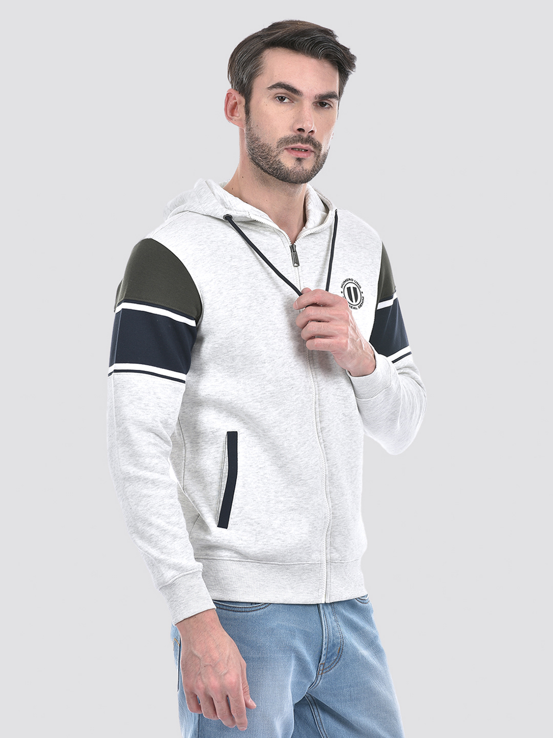 Numero Uno Men Grey Color Block Hooded Neck Brushed Fleece Sweatshirt